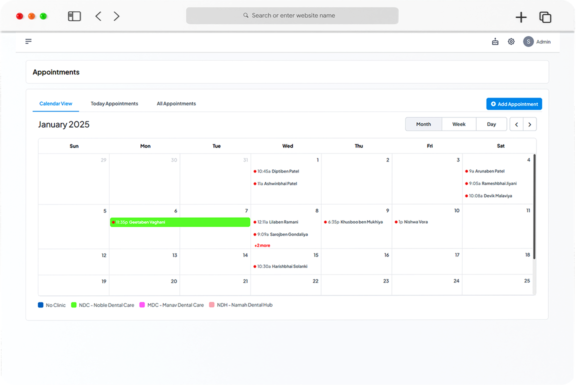 Calendar view for daily, weekly and monthly appointments.