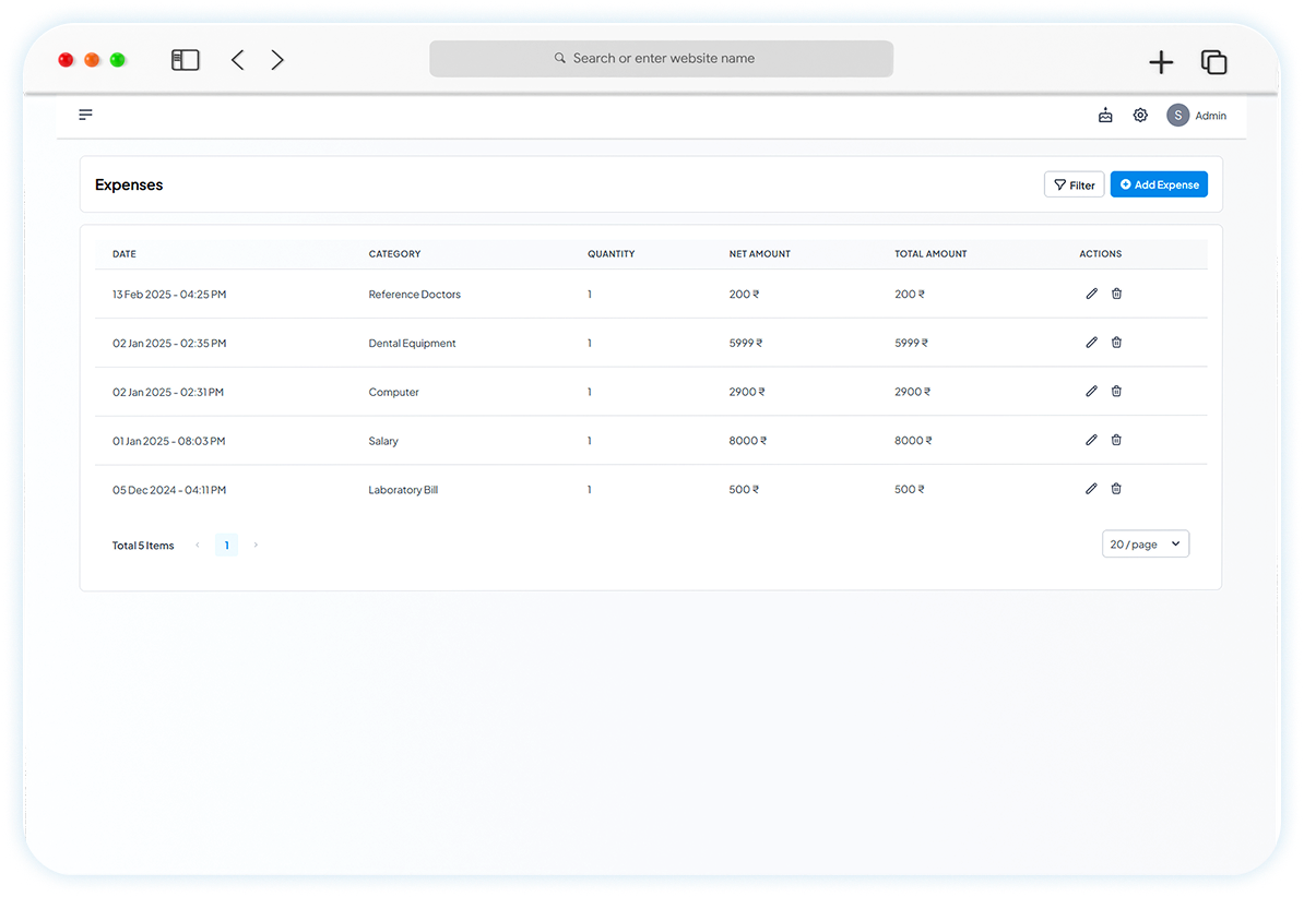 Expense tracking with categorisation by type, date and amount.
