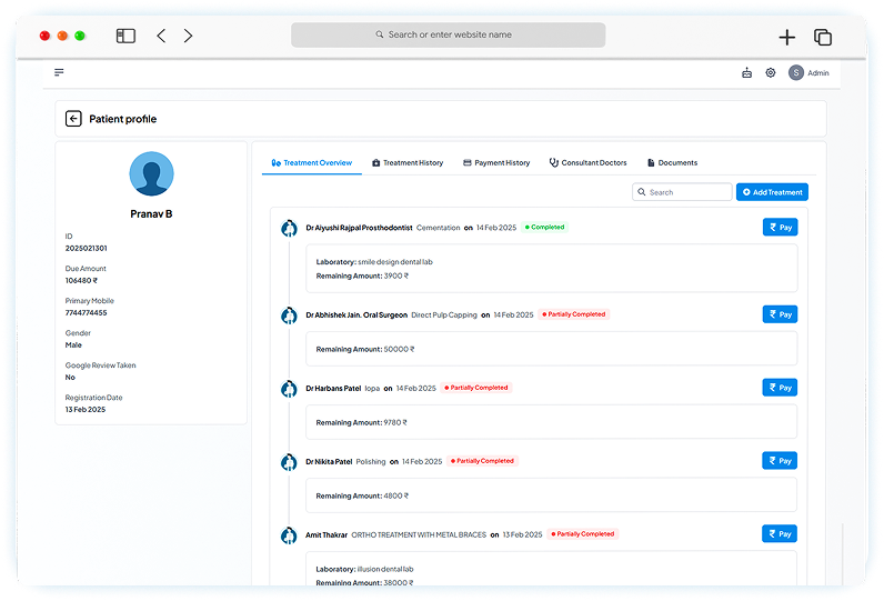 Detailed patient profiles, including medical history, treatments and contact details.