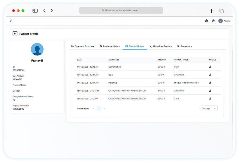 Treatment and billing history with quick access to outstanding balances.