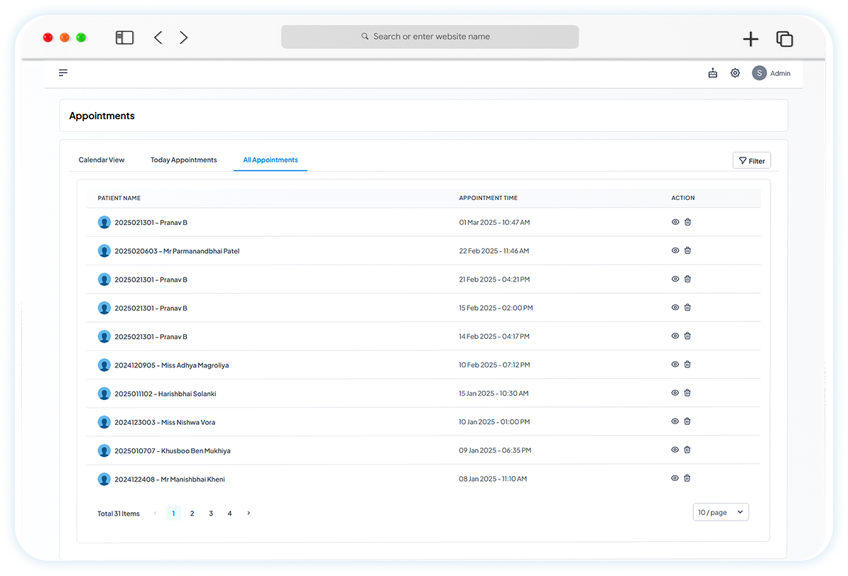 Filtering options by doctor, patient and appointment type.