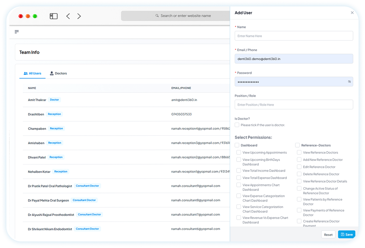 Define permissions for roles like admin, receptionist, dentist and more.